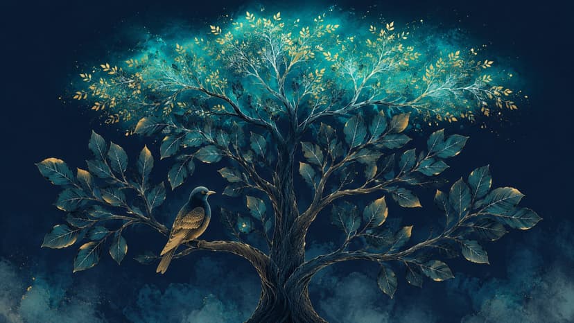 The canopy grows a new luminous layer, while the grounded bird stays steady.