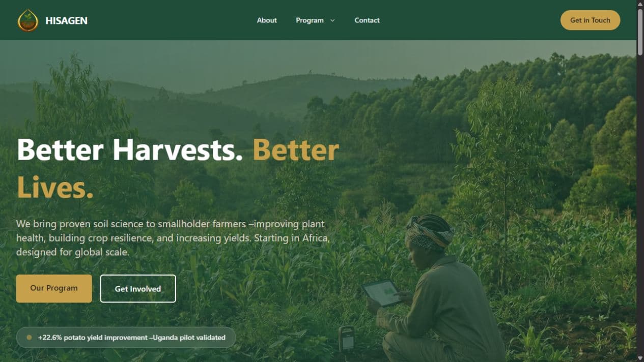 HISAGEN homepage with its green and gold identity and Better Harvests, Better Lives introduction