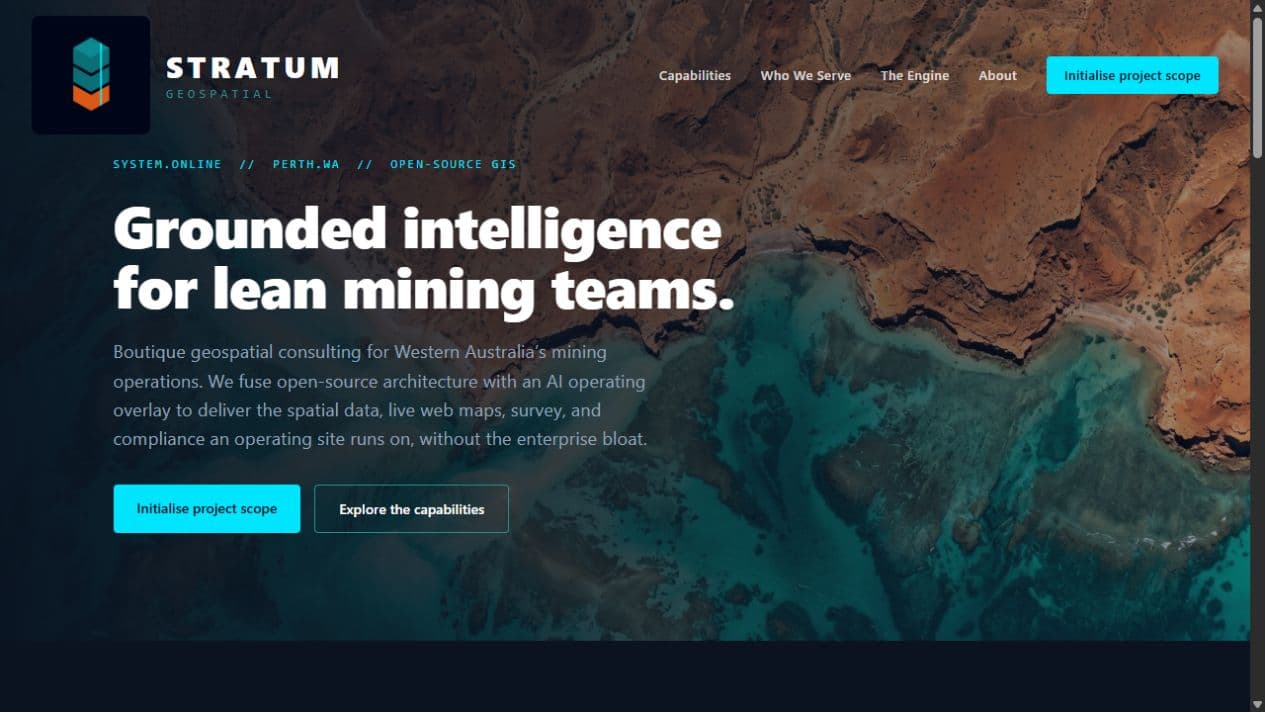 Stratum Geospatial website preview with its geometric identity and aerial landscape design